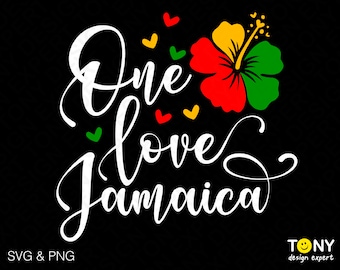 May include: White text on a black background reads "One love Jamaica" with a red, yellow, and green hibiscus flower with small red, yellow, and green hearts scattered around the text.
