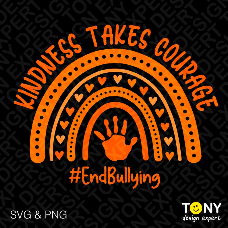 K&ouml;nnte beinhalten: Orangefarbener und wei&szlig;er Regenbogen mit Herzen und einem Handabdruck in der Mitte. Der Text "Kindness Takes Courage" ist um den Regenbogen herum geschrieben. Der Text "#EndBullying" ist unter dem Regenbogen geschrieben.