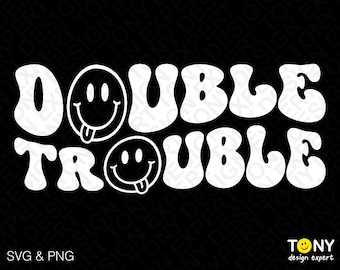 Double Trouble Svg Png, Twinning Svg, Retro Groovy Wavy Kids Toddler Sibling Twin Boy Digital Download Sublimation PNG & SVG File For Cricut