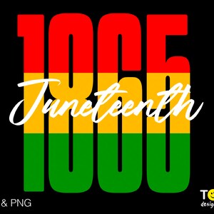 May include: A graphic design featuring the year 1865 in bold red, yellow, and green, with the word "Juneteenth" written in white cursive script.