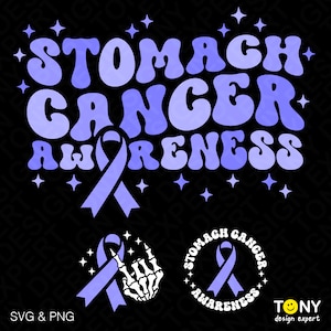 May include: Purple and blue retro-style text reads "Stomach Cancer Awareness" with a purple ribbon. A smaller graphic shows a purple ribbon with a skeleton hand giving the rock and roll sign.