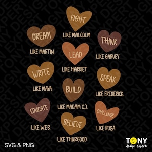 Op de afbeelding: Een digitaal ontwerp met elf hartvormige illustraties in bruine en oranje tinten, elk met een woord en een naam. Woorden zijn onder meer DREAM, FIGHT, LEAD, WRITE, BUILD, EDUCATE, BELIEVE, THINK, SPEAK en CHALLENGE. De tekst "SVG & PNG" staat onderaan.