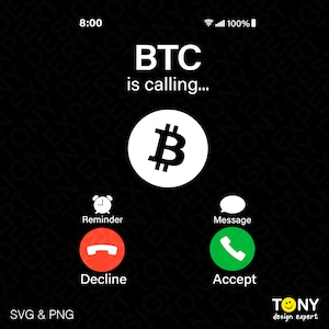May include: A black smartphone screen with a white background shows a phone call from "BTC" with a Bitcoin symbol. The screen shows options to "Decline" or "Accept" the call.