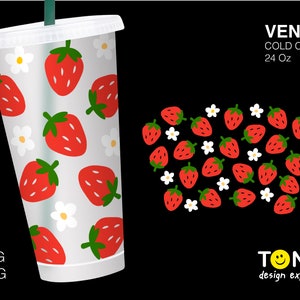 Sweet Strawberry No Hole Cold Cup Wrap Svg, Red Strawberry Fruit Decal DIY Seamless Full Wrap Venti Cold Cup 24 Oz Cricut Cut File Svg Png
