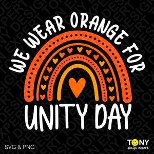 Może przedstawiać: Pomarańczowa tęcza z sercami i tekstem "We Wear Orange For Unity Day".