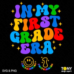 3 Colour Bundle In My First Grade Era Svg Png, 1st Grade Svg, Front Pocket Trendy Retro Groovy Digital Download Sublimation Png & Svg Cricut