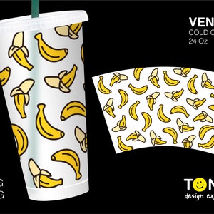 Fresh Banana Fruit No Hole Cold Cup Wrap Svg, Yellow Banana Decal DIY Seamless Full Wrap Venti Cold Cup 24 Oz Cricut Cut File Svg Png