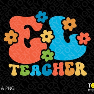 Könnte beinhalten: Ein farbenfrohes Grafikdesign des Wortes "TEACHER" im Retro-Stil der 1970er Jahre mit Blumen. Die Buchstaben sind in verschiedenen Farben, darunter Orange, Gelb, Grün, Blau und Rot.