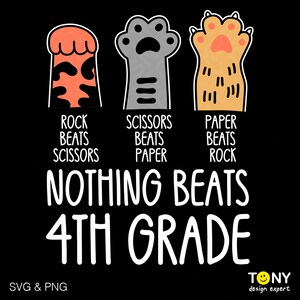 May include: Black graphic with three cartoon paw prints representing rock, scissors, and paper. Text reads "Rock beats scissors, scissors beats paper, paper beats rock." The phrase "Nothing beats 4th grade" is also included.
