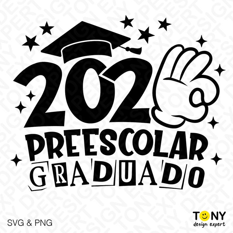 “2026 PREESCOLAR GRADUADO,” featuring a graduation cap, playful hand sign, and star details. This Spanish preschool graduation cut file is great for creating matching family shirts, classroom souvenirs, graduation gifts, and memorable keepsakes for preschool students completing their school year.