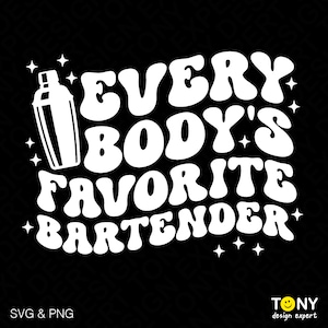 May include: White text on a black background reads "Everybody's Favorite Bartender" in a retro font. A white cocktail shaker is to the left of the text.