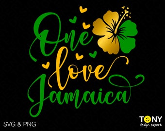 May include: Green and gold graphic with the text "One love Jamaica" in a cursive font. A yellow hibiscus flower with green leaves is above the text. Small green hearts are scattered around the graphic.