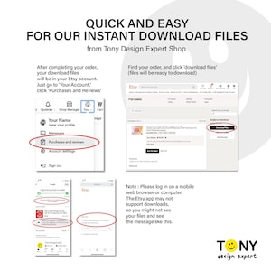 Step-by-step instructions on how to access and download your digital files instantly after purchase. Customers are guided to log into their Etsy account, click “Purchases and Reviews,” and download files directly. A note reminds that the Etsy app may not support downloads, so it’s best to use a mobile browser or computer for easy access. This helps buyers quickly locate SVG and PNG files for crafting, printing, or any DIY projects without confusion