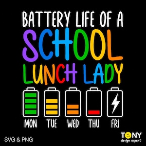 Autonomie de la batterie d'un déjeuner scolaire Lady Svg Png, Crazy Lunch Lady Svg, cadeau du personnel de la cafétéria drôle Téléchargement numérique Sublimation PNG & SVG Cricut