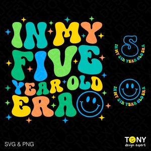 Lot de 3 conceptions à l'époque de mes cinq ans Svg Png, 5e anniversaire garçon Svg, tendance Groovy rétro téléchargement numérique Sublimation PNG & SVG Cricut