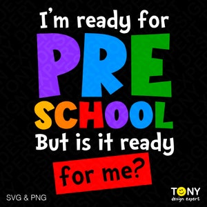Pode incluir: Um design gráfico colorido com o texto "I'm ready for PRE SCHOOL But is it ready for me?" em branco sobre fundo preto. As palavras "PRE" e "SCHOOL" estão em cores do arco-íris.