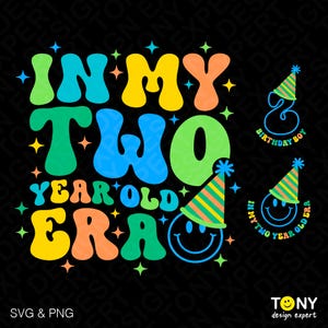 Lot de 3 conceptions à l'époque de mes deux ans Svg Png, 2e anniversaire de garçon Svg, tendance rétro Groovy téléchargement numérique DTF Sublimation PNG & SVG Cricut