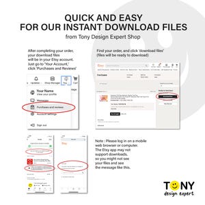 Puede incluir: Una gu&iacute;a para descargar archivos de Etsy, con capturas de pantalla e instrucciones. El texto dice "QUICK AND EASY FOR OUR INSTANT DOWNLOAD FILES from Tony Design Expert Shop." Muestra c&oacute;mo encontrar y descargar archivos despu&eacute;s de la compra.
