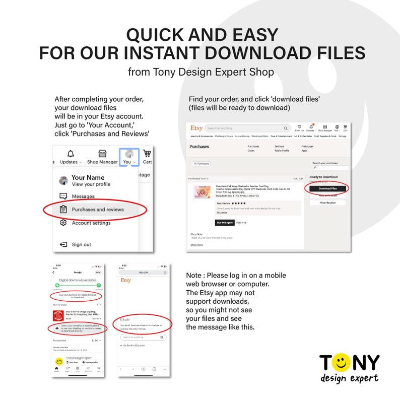 Puede incluir: Una gu&iacute;a para descargar archivos de Etsy, con capturas de pantalla e instrucciones. El texto dice "QUICK AND EASY FOR OUR INSTANT DOWNLOAD FILES from Tony Design Expert Shop." Muestra c&oacute;mo encontrar y descargar archivos despu&eacute;s de la compra.