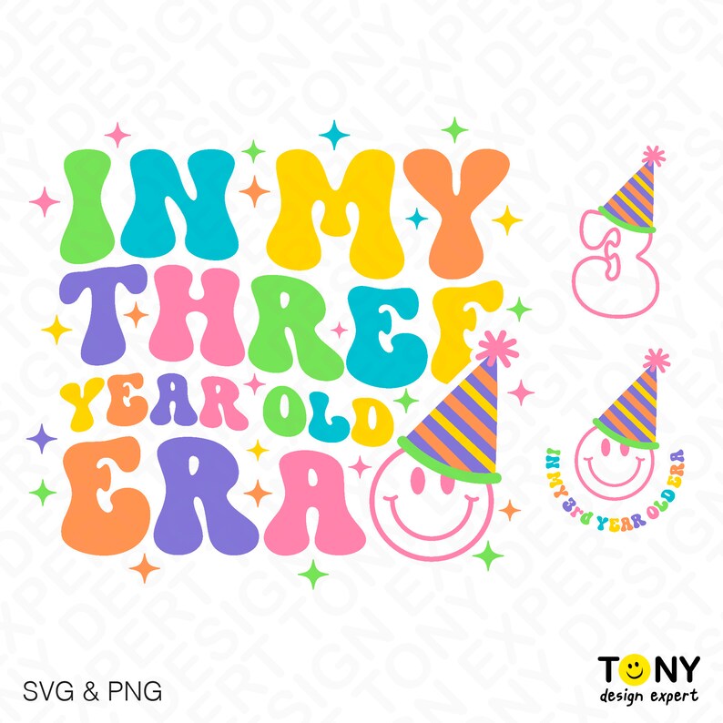 3 Design Bundle In My Three Year Old Era Svg Png, 3rd Birthday Svg, Trendy Retro Groovy Wavy Digital Download Sublimation PNG & SVG Cricut image 2