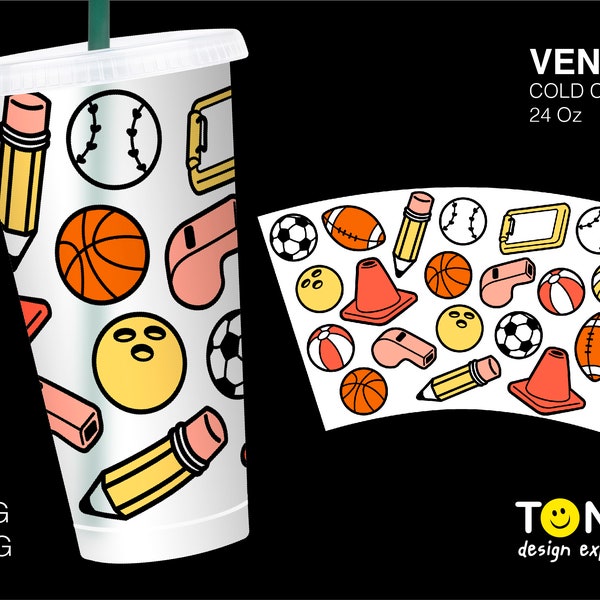 PE Teacher Appreciation No Hole Cold Cup Wrap Svg, Sport Ball Lover Gift Idea Seamless Full Wrap Venti Cold Cup 24 Oz Cricut File Svg Png