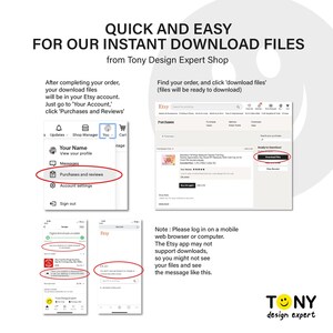 May include: A screenshot of a computer screen showing how to download digital files from Etsy. The instructions say to go to 'Your Account' and click 'Purchases and Reviews'. The screenshot shows a mobile phone with the Etsy app open, showing a message that says 'Digital downloads available'.