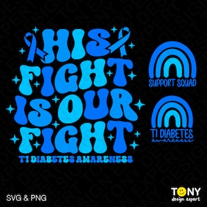 May include: Blue and turquoise graphic with the text "HIS FIGHT IS OUR FIGHT" and "T1 DIABETES AWARENESS". Two blue and turquoise rainbows with the text "SUPPORT SQUAD" and "T1 DIABETES awareness".