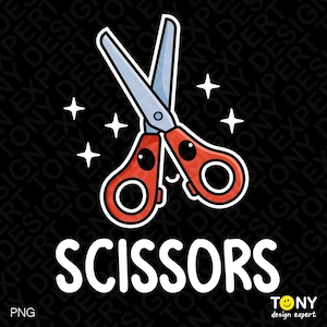 May include: A pair of red and silver scissors with cartoon eyes and a smile. The scissors are on a black background with white text that says "SCISSORS".