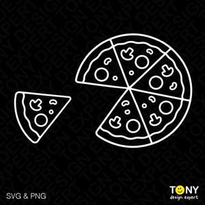May include: A white line drawing of a pizza, with one slice separated. The pizza is cut into six slices and has mushroom and olive toppings. The words "SVG & PNG" are at the bottom left.