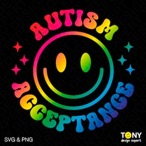 Autisme acceptatie Svg Png, Autisme ondersteuning Svg, Trendy Retro Groovy Happy Gradient Rainbow Digitale Download DTF Sublimatie PNG & SVG Cricut