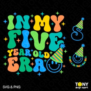 Lot de 3 conceptions à l'époque de mes cinq ans Svg Png, 5e anniversaire garçon Svg, tendance Groovy rétro téléchargement numérique Sublimation PNG & SVG Cricut
