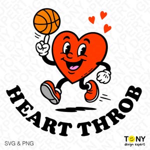 Op de afbeelding: Een cartoon hart karakter in rood, zwart en wit, die een basketbal dribbelt. De afbeelding bevat de tekst "HEART THROB" in een gebogen lettertype, met kleine hartjes boven het karakter. De linker benedenhoek leest "SVG & PNG".