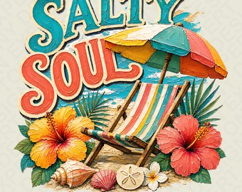 Silla de playa Salty Soul PNG: Diseño de vacaciones de verano para amantes del mar tropical costero (descarga digital)