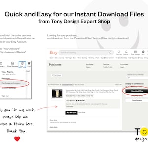 May include: Screenshot of an Etsy shop showing a purchase of a digital download file. The download button is highlighted in red. The text "Ready to Download" is above the button. The text "Download Files" is on the button. The text "View Receipt" is below the button. The text "If you like my work, please help me leave a Review here. Thank You." is below the Etsy shop screenshot.