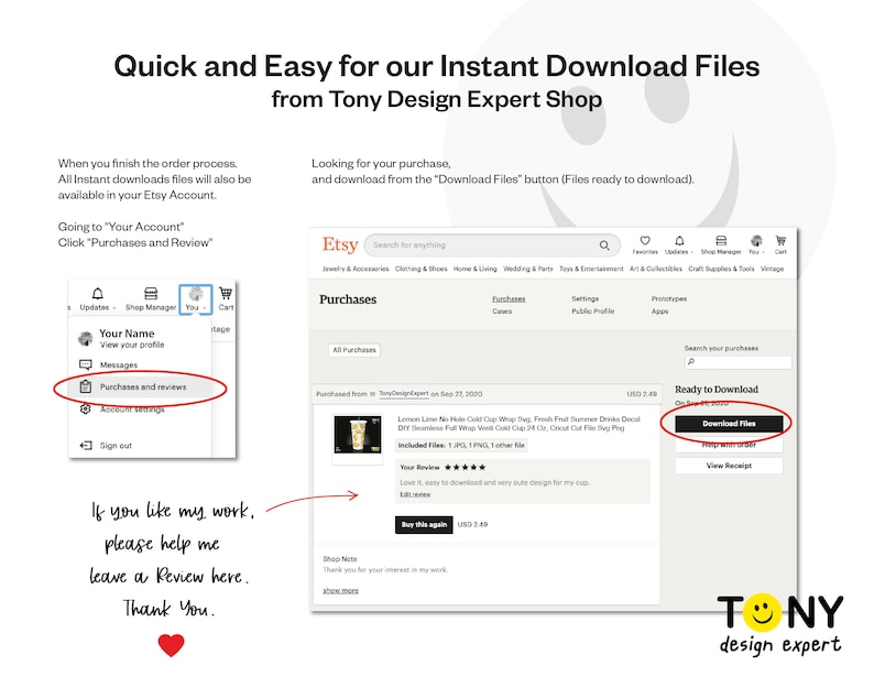 May include: Screenshot of an Etsy shop showing a purchase of a digital download file. The download button is highlighted in red. The text "Ready to Download" is above the button. The text "Download Files" is on the button. The text "View Receipt" is below the button. The text "If you like my work, please help me leave a Review here. Thank You." is below the Etsy shop screenshot.