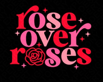 Könnte beinhalten: Ein pink- und rotes Grafikdesign mit dem Text "rose over roses" und einer stilisierten Rose in der Mitte.