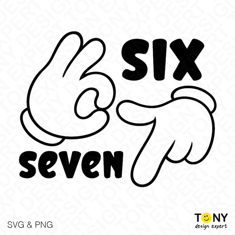 “SIX SEVEN” — minimalist black design with outlined cartoon hands forming 6 and 7, paired with bold block text. A clean and modern meme SVG PNG for Cricut users, shirt makers, and digital crafters who love lighthearted and viral-style graphics. Ideal for humor gifts, decals, and digital downloads.