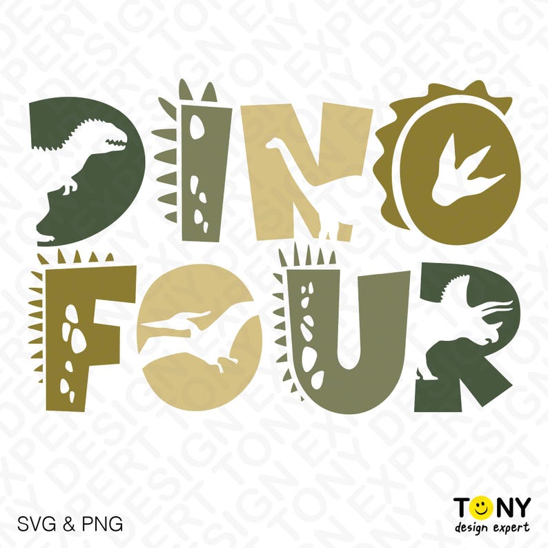 DINO FOUR text design featuring stylized dinosaur silhouettes and textured letter shapes inspired by prehistoric creatures. Ideal for fourth birthday shirt designs, dinosaur themed kids parties, birthday gifts for boys and girls, classroom celebrations, and family matching shirts. Includes high quality SVG and PNG digital files.