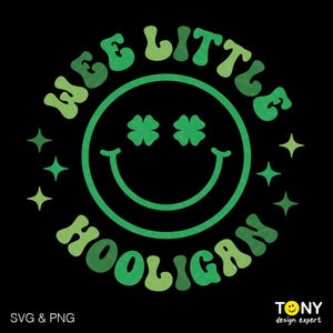 May include: Green and white graphic design with the text "Wee Little Hooligan" in a retro font. The design features a smiling face with four-leaf clover eyes.