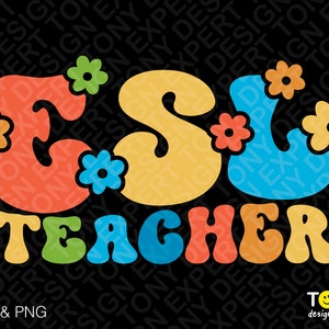 Könnte beinhalten: Ein farbenfrohes Grafikdesign mit dem Text "ESL Teacher" in einer Retro-Schriftart aus den 70er Jahren. Die Buchstaben sind schwarz umrandet und mit verschiedenen Farben gefüllt, darunter Orange, Gelb, Grün, Blau und Rot. Das Design ist mit kleinen Blumengrafiken verziert.