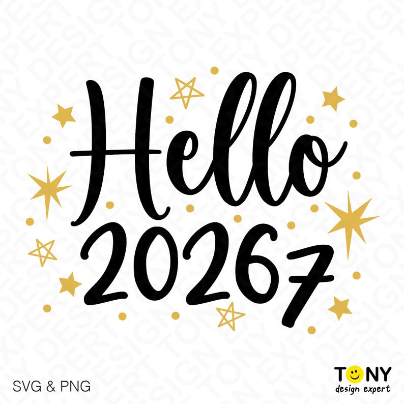 “Hello 20267” — funny and trendy digital design merging 2026 celebration with internet meme culture. Surrounded by simple gold stars, this SVG and PNG artwork is perfect for lighthearted New Year crafts, t-shirts, and digital downloads with a modern twist.