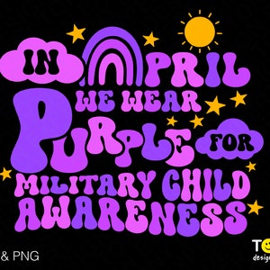 Im April tragen wir lila SVG Png, Military Child Awareness Trendy Groovy Wellen Gestapelt Regenbogen Digital Download Sublimation PNG & SVG Cricut