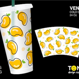 Fresh Mango No Hole Cold Cup Wrap Svg, Sweet Yellow Summer Fruit Decal DIY Seamless Full Wrap Venti Cold Cup 24 Oz Cricut Cut File Svg Png