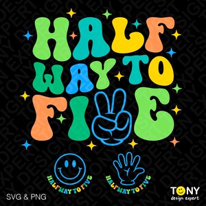 3 ontwerpbundel halverwege tot vijf Svg png, halve verjaardag kinderfeestje cadeau trendy retro groovy digitale download DTF sublimatie png en SVG Cricut