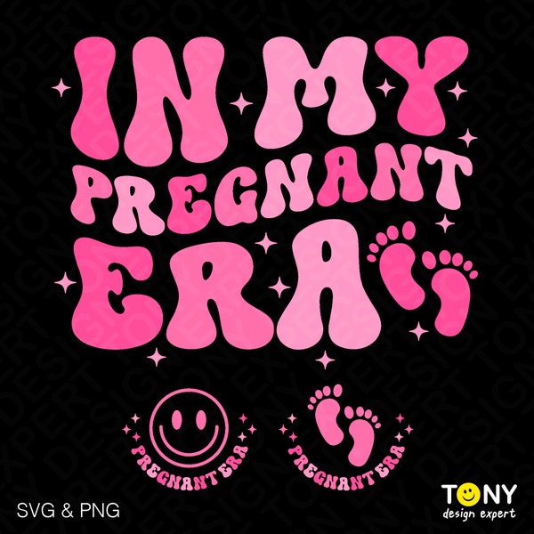 4 Colour In My Pregnant Era Svg Png, Pregnancy Svg, Front Pocket Trendy Retro Groovy Wavy Digital Download DTF Sublimation Png & Svg Cricut