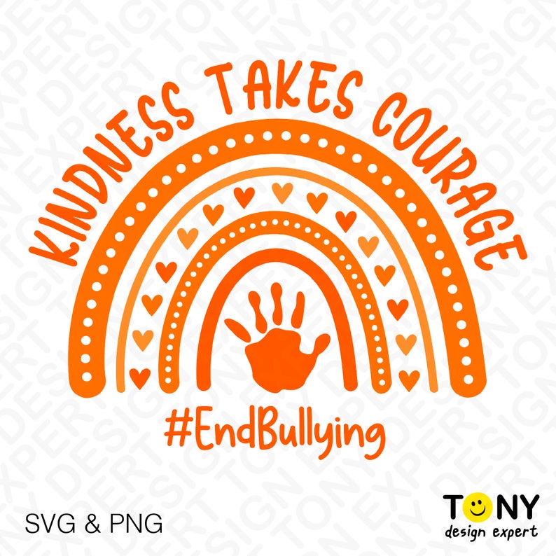 K&ouml;nnte beinhalten: Orangefarbener Regenbogen mit einem Handabdruck in der Mitte und dem Text "Kindness Takes Courage" dar&uuml;ber und "#EndBullying" darunter.