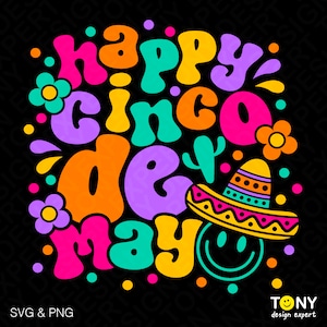Happy Cinco de Mayo Svg Png, grappige Cinco de Mayo Svg, Fiesta Squad Svg, Trendy Retro Groovy Digitale Download Sublimatie PNG & SVG Cricut