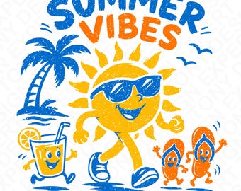 Imágenes PNG con ambiente veraniego: Diseño de camiseta retro para fiesta en la playa tropical bajo el sol (descarga digital)