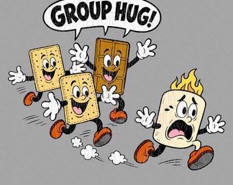 Abrazo grupal divertido con malvaviscos y galletas de chocolate PNG: Diseño divertido de campamento, fogata, malvaviscos y galletas de chocolate (descarga digital)