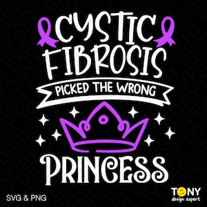 May include: Purple ribbon graphic with the text "Cystic Fibrosis" and "Picked the Wrong Princess" with a purple crown and white stars.